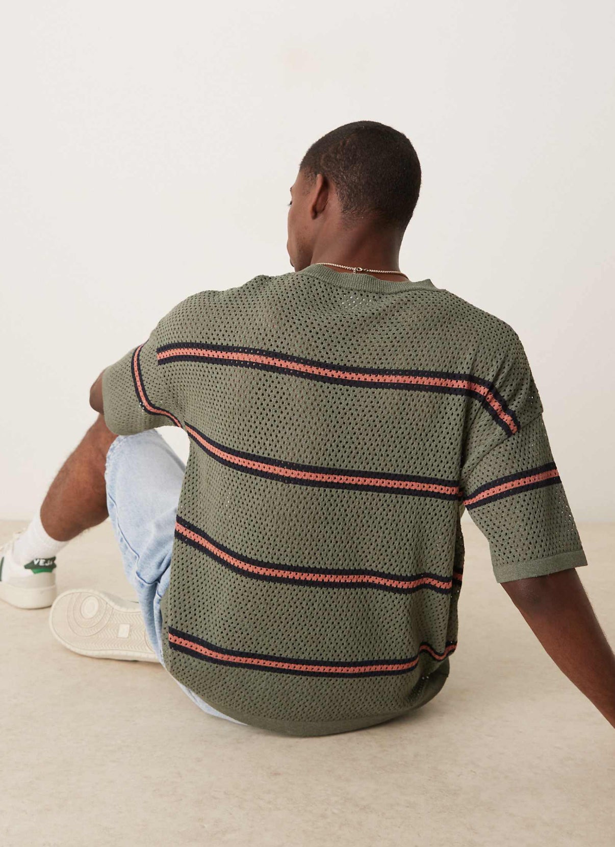 ASOS DESIGN relaxed open knitted stripe t-shirt in green