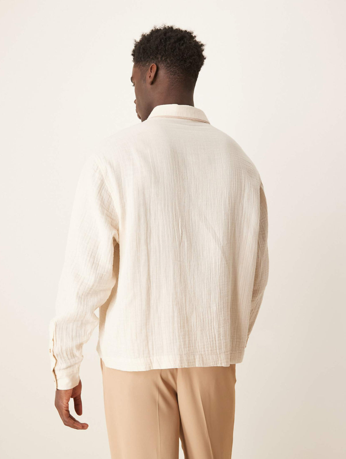ASOS DESIGN boxy textured regular shirt with piping detail in beige