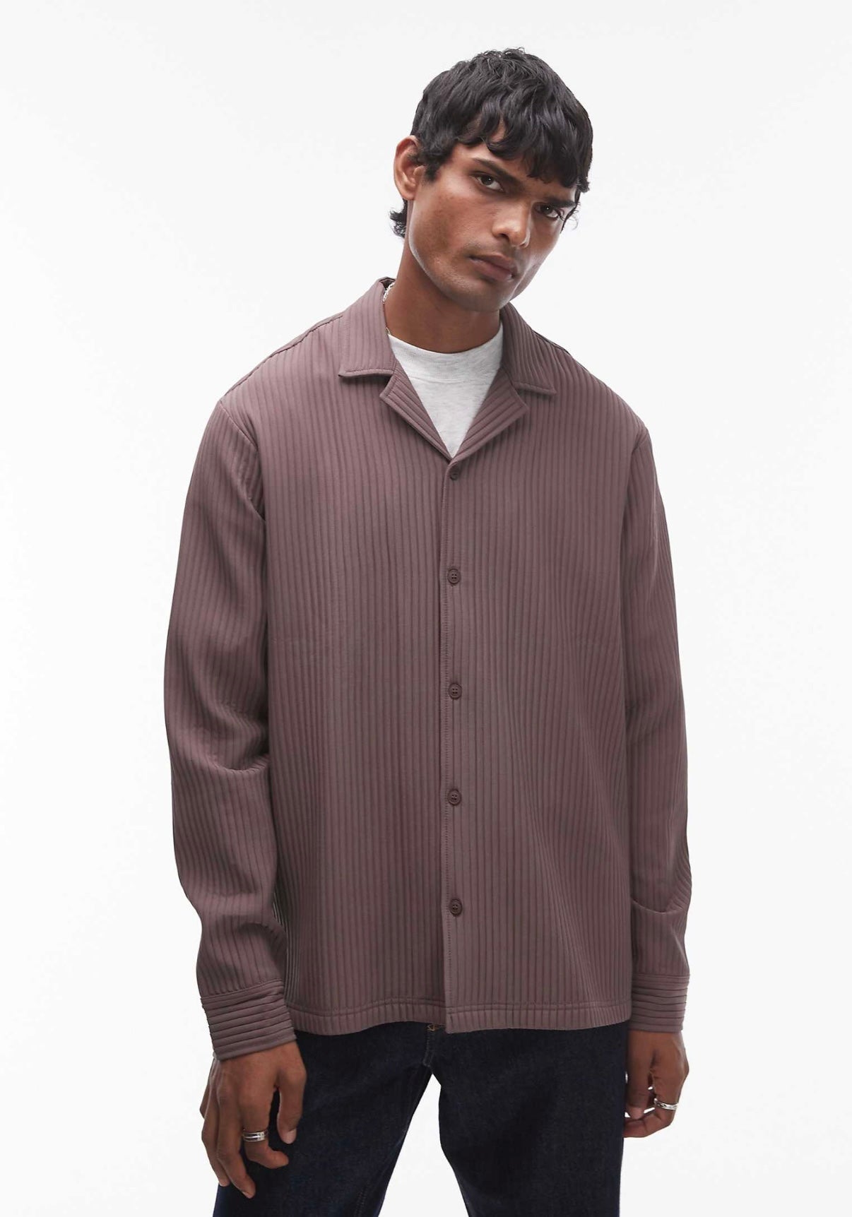 Topman long sleeve chunky plisse in chocolate