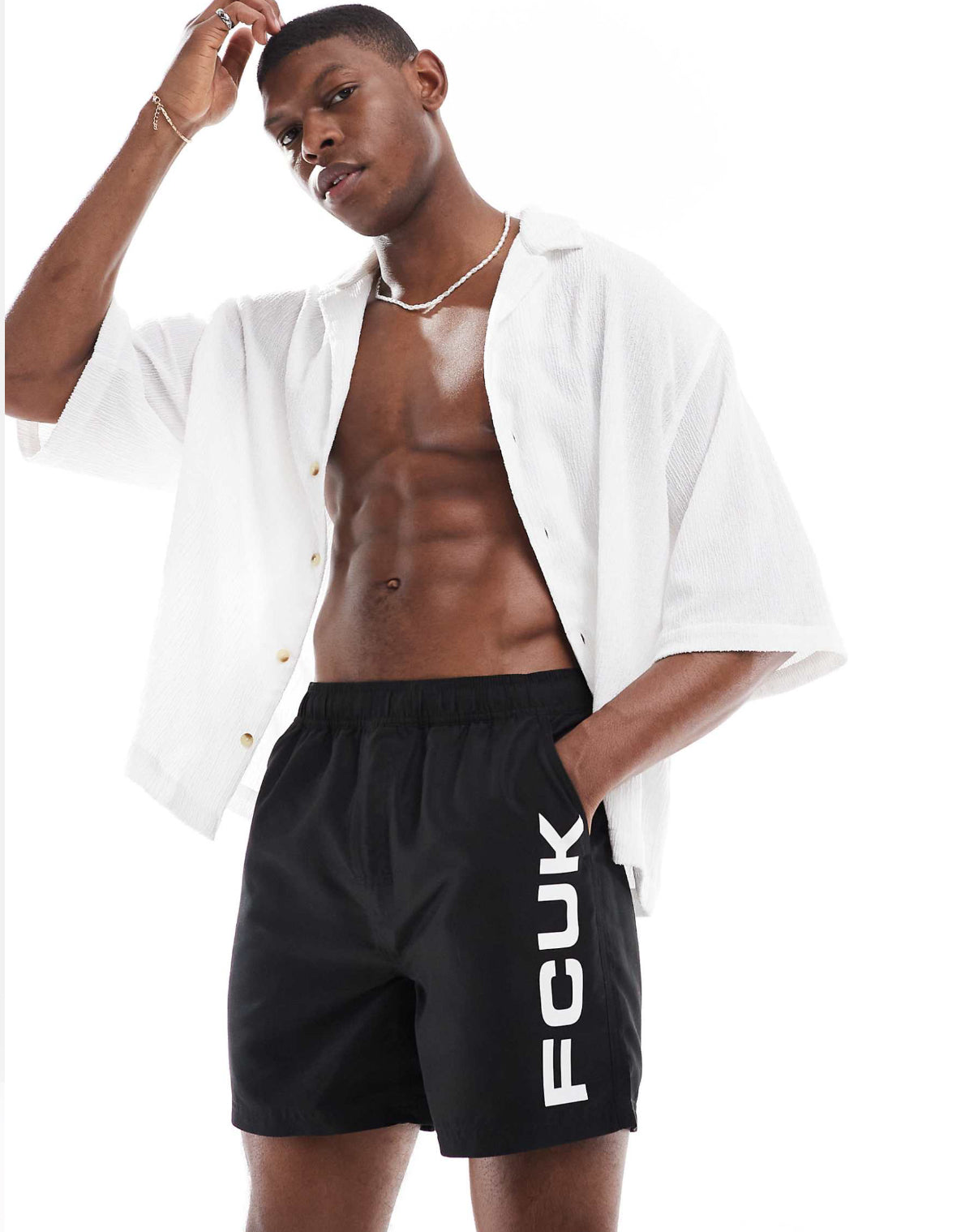 French Connection FCUK logo swim trunks in black and white