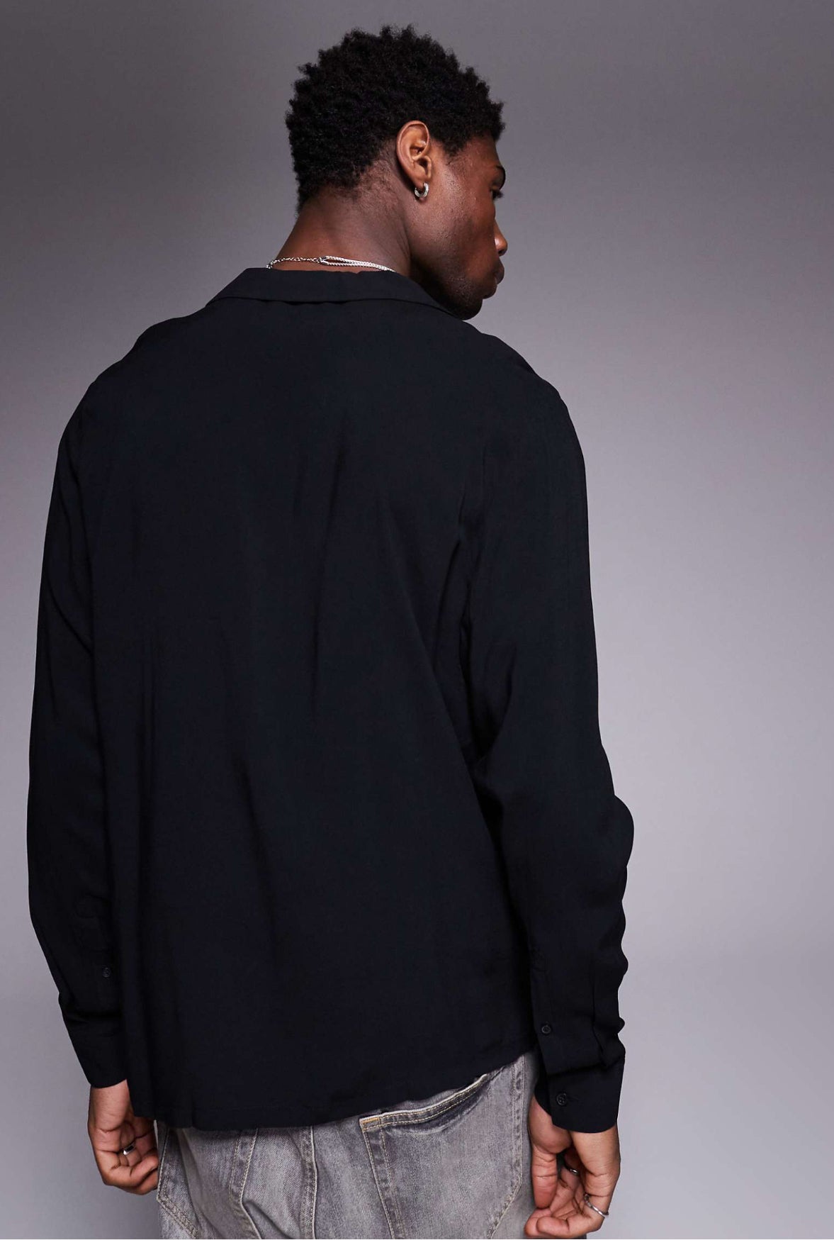 ASOS DESIGN fit viscose shirt with deep revere collar in black