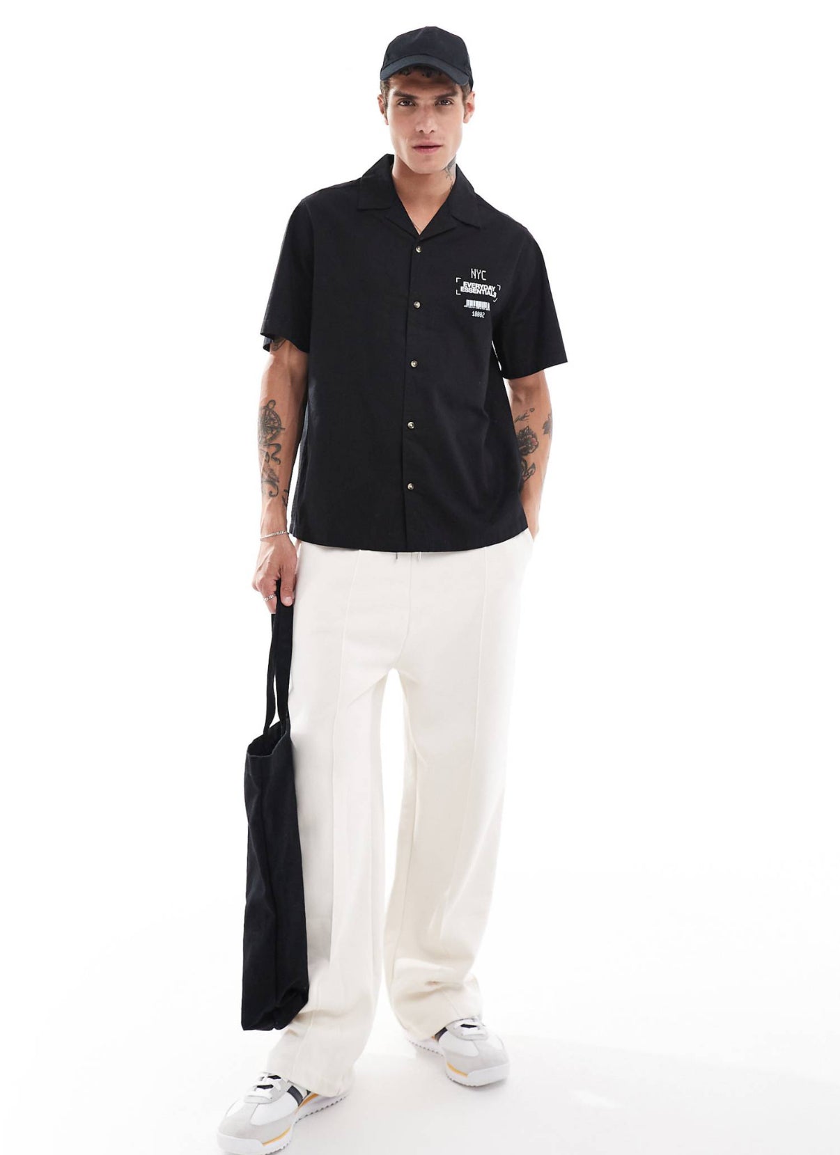 ASOS design relaxed revere shirt with chest print in black