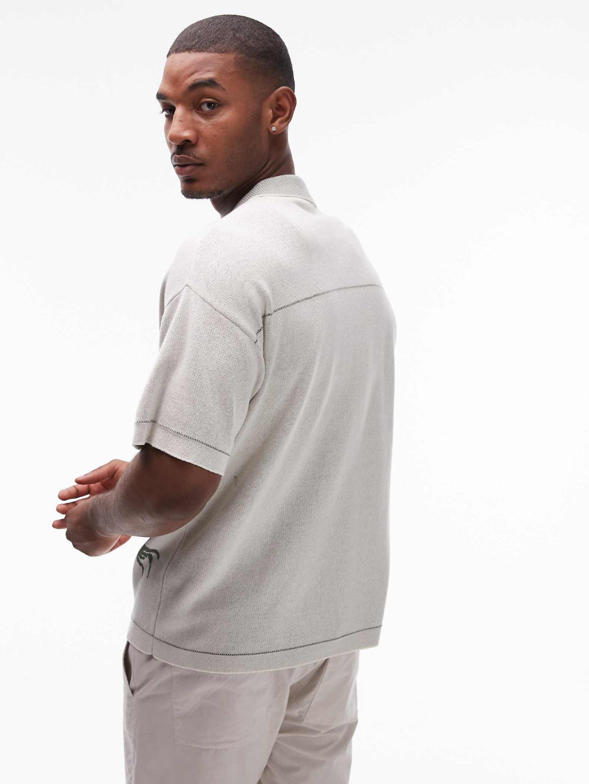 Topman knitted revere polo with palm embroidery in white