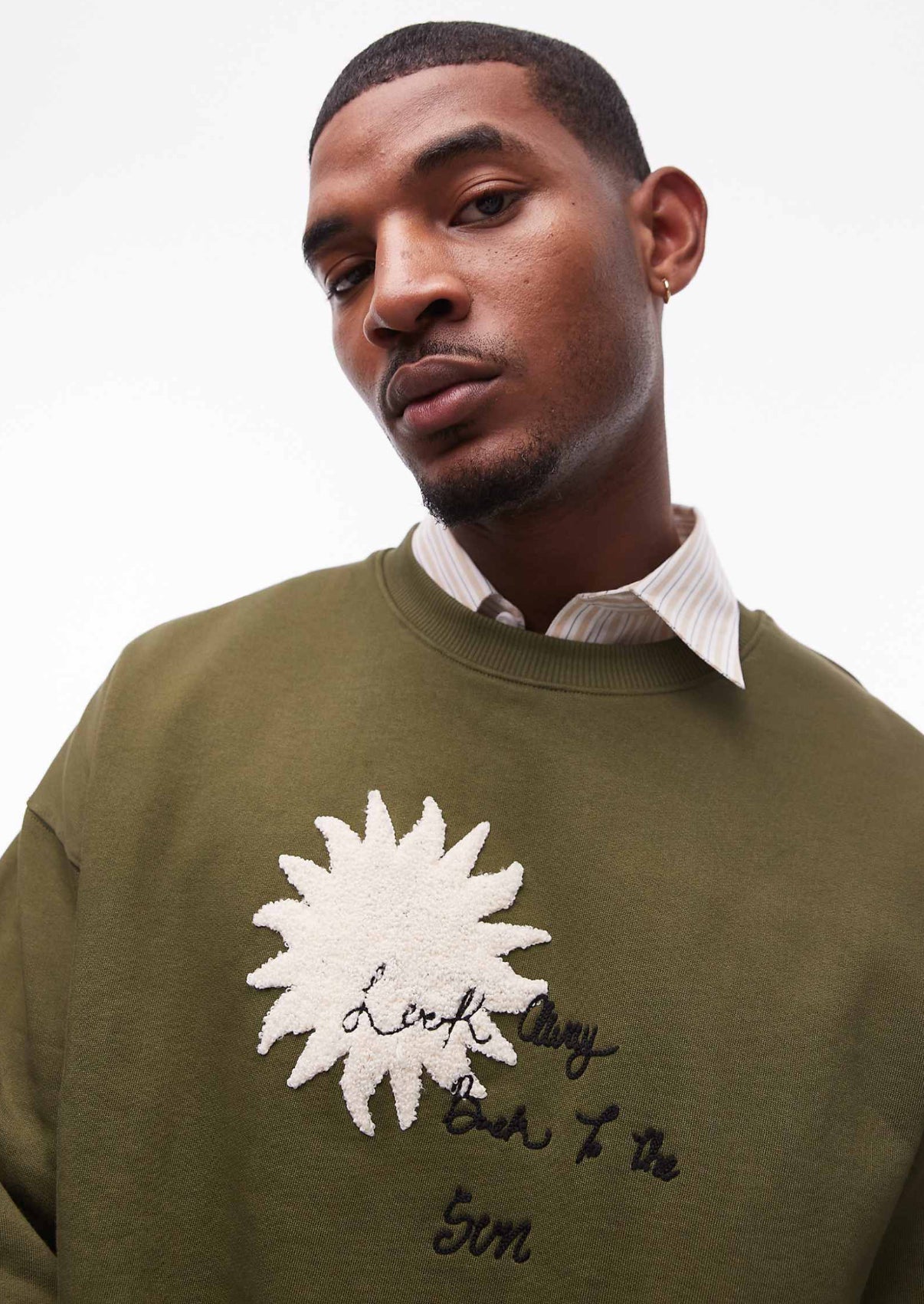 Topman oversized fit sweatshirt with front and back sun and words chenille embroidery in khaki
