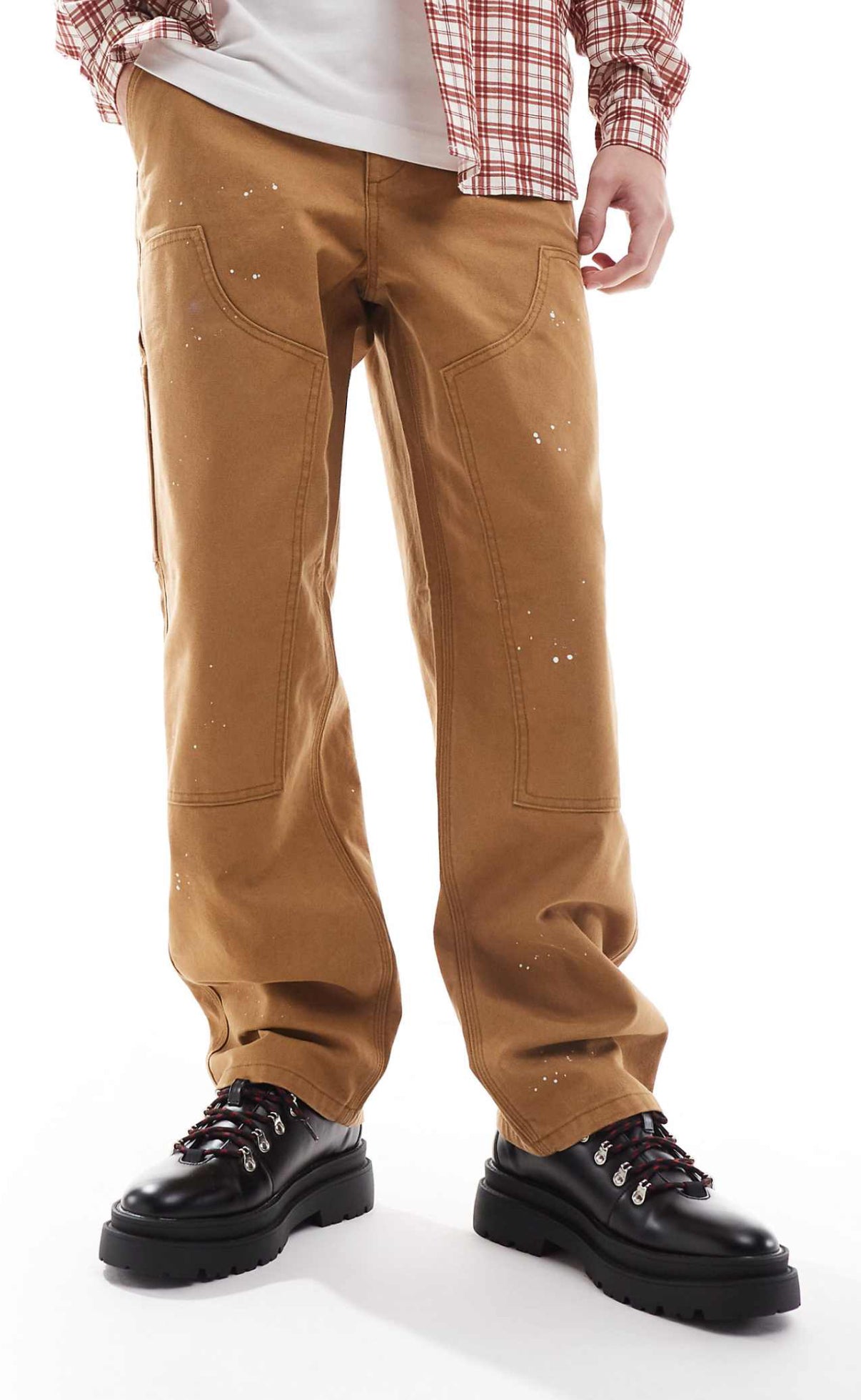 ASOS DESIGN carpenter trousers with paint splats in tan