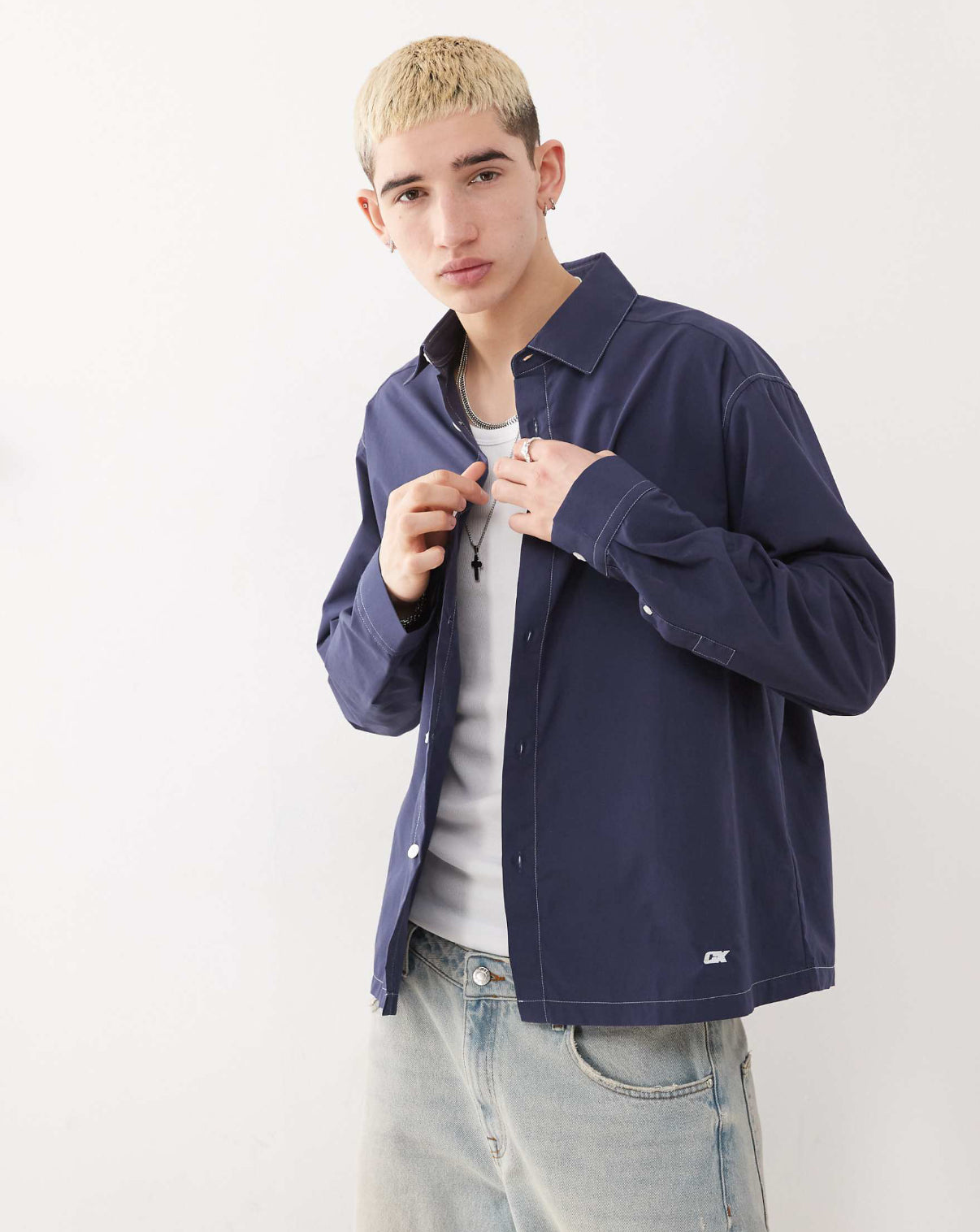 COLLUSION twill long sleeve shirt with contrast stitch in navy