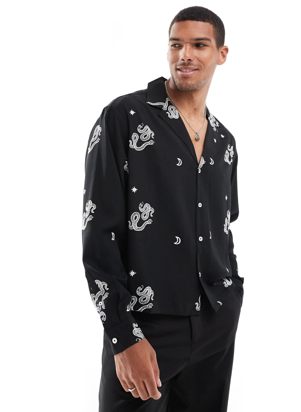 ASOS DESIGN boxy oversized deep revere shirt with snake print in black