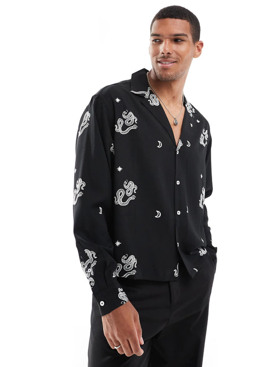 ASOS DESIGN boxy oversized deep revere shirt with snake print in black
