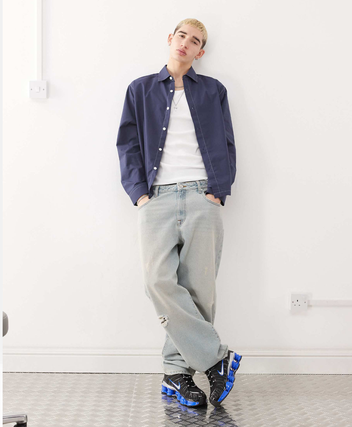 COLLUSION twill long sleeve shirt with contrast stitch in navy