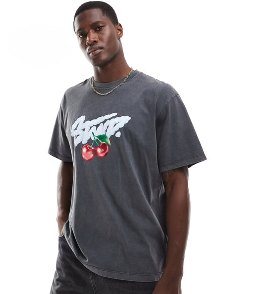 Pull&Bear STWD cherry printed t-shirt in charcoal