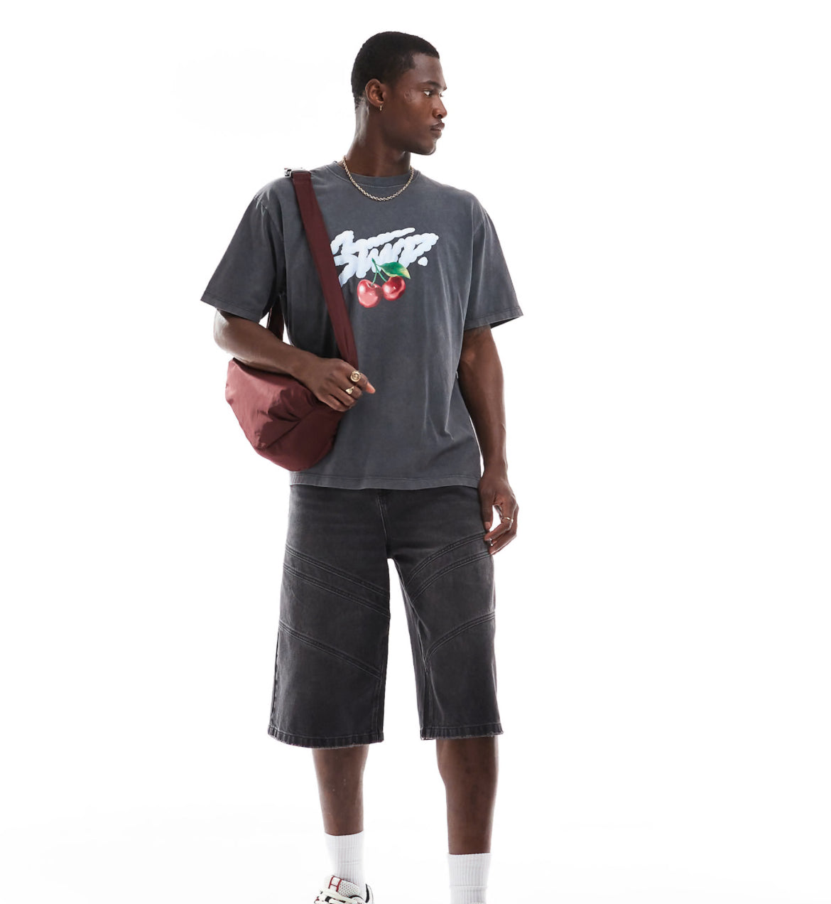 Pull&Bear STWD cherry printed t-shirt in charcoal