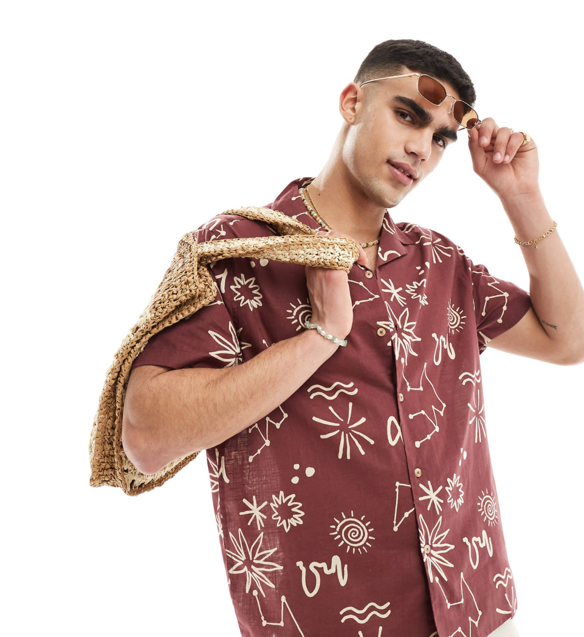 ASOS DESIGN relaxed revere linen look shirt in astrology sign print in red