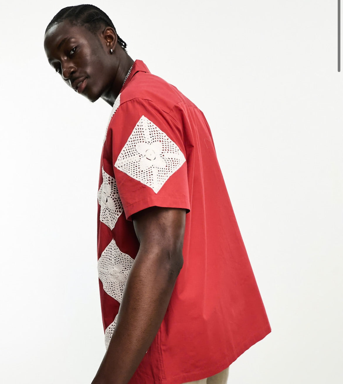 ASOS DESIGN relaxed revere crochet shirt in red