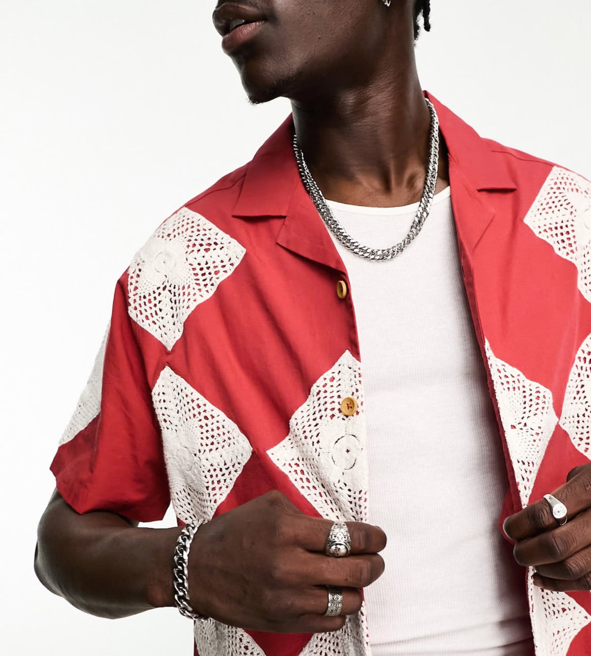 ASOS DESIGN relaxed revere crochet shirt in red