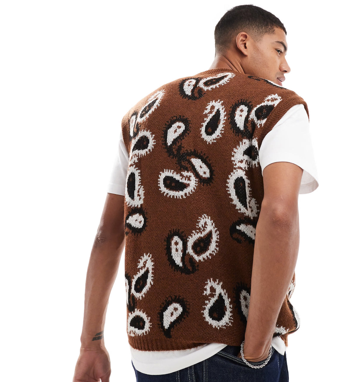 ASOS DESIGN relaxed knitted fluffy v-neck tank in brown paisley pattern