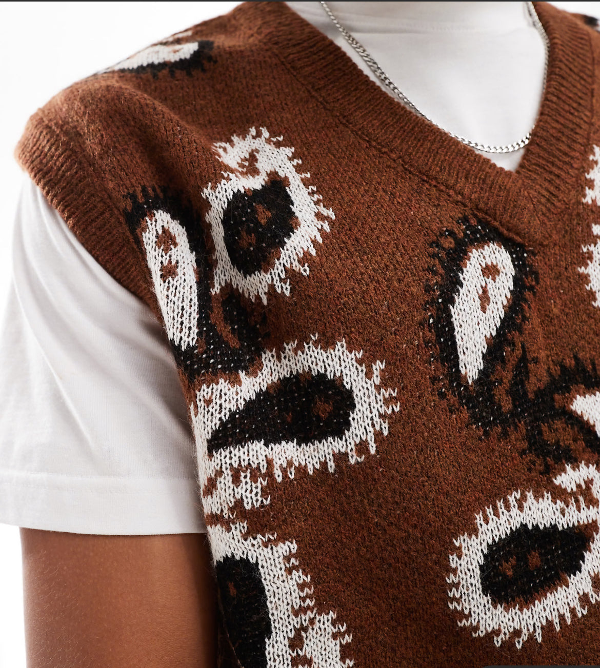 ASOS DESIGN relaxed knitted fluffy v-neck tank in brown paisley pattern