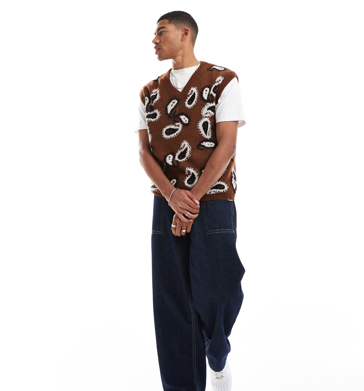 ASOS DESIGN relaxed knitted fluffy v-neck tank in brown paisley pattern