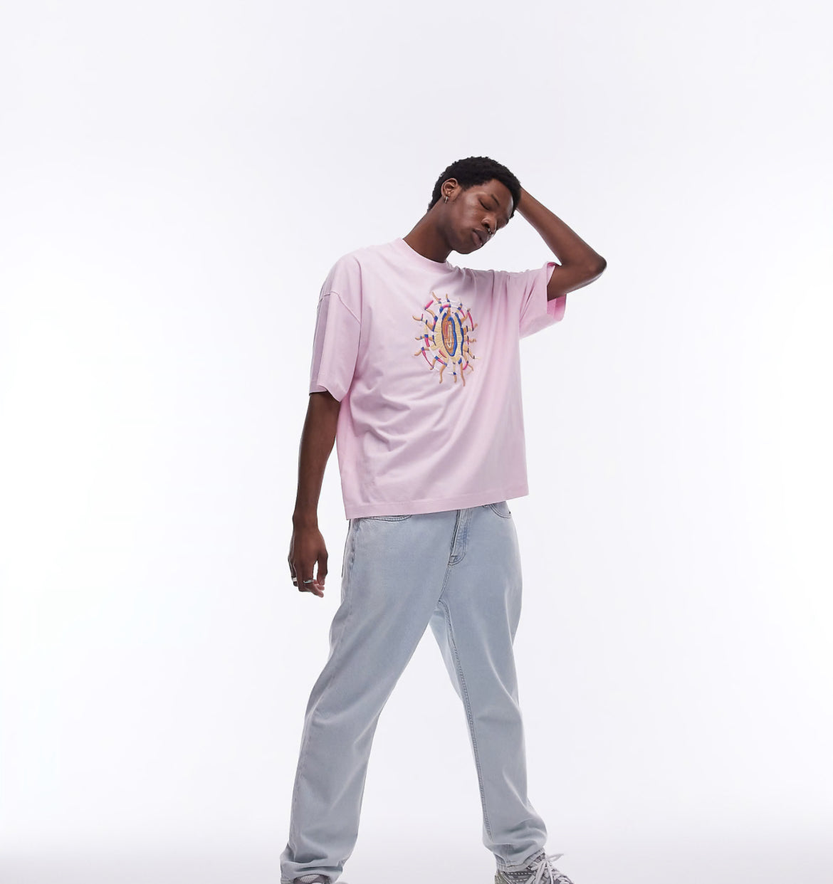 Topman extreme oversized fit t-shirt with sun embroidery in washed pink