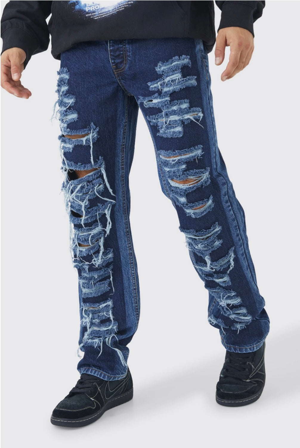 BoohooMan Relaxed Rigid Multi Rip Panelled Jean