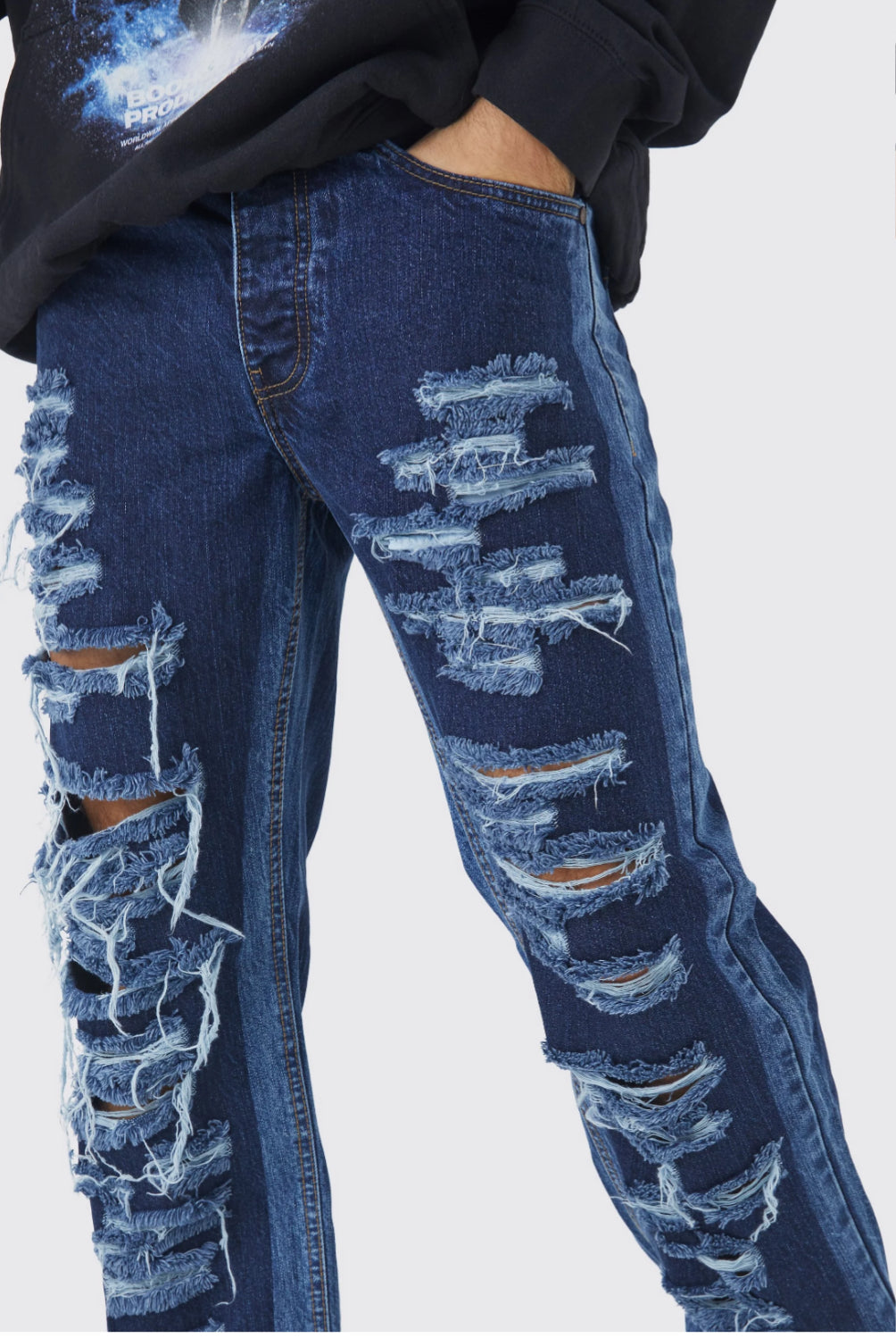 BoohooMan Relaxed Rigid Multi Rip Panelled Jean