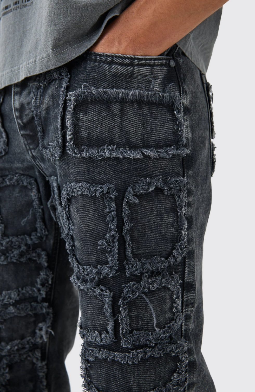 BOOHOOMAN RELAXED RIGID DISTRESSED PATCHWORK JEANS IN WASHED BLACK