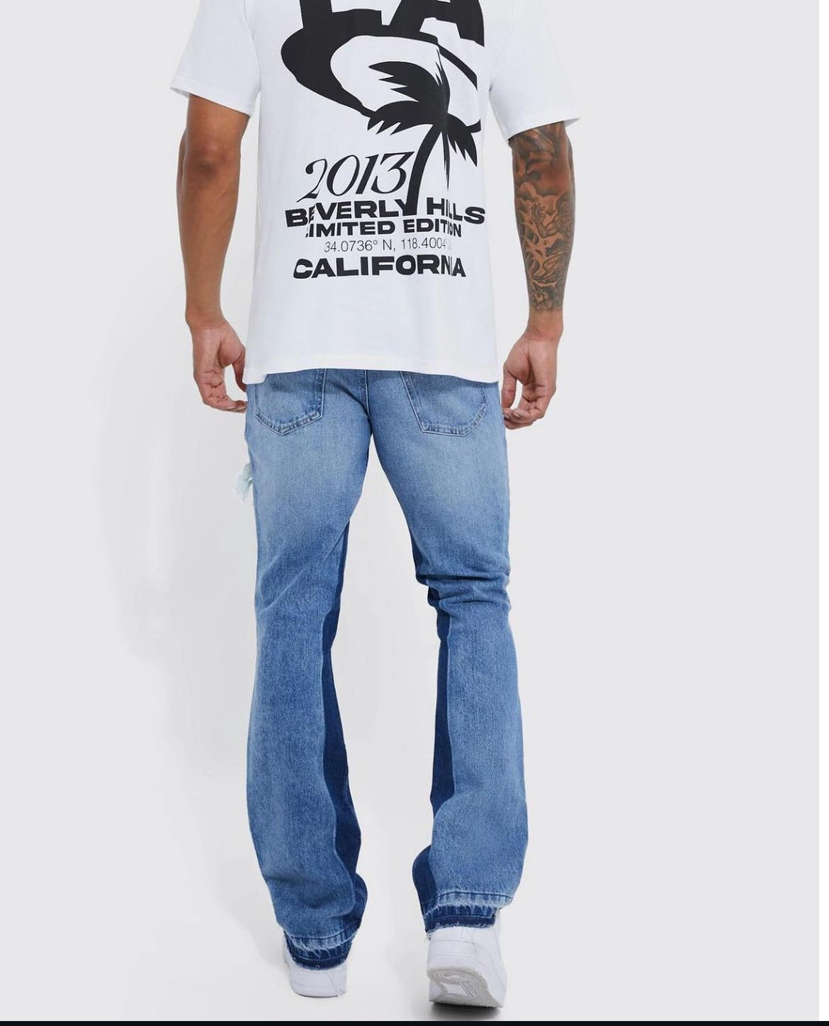 BoohooMan Slim Rigid Flare Panelled Ripped Jeans