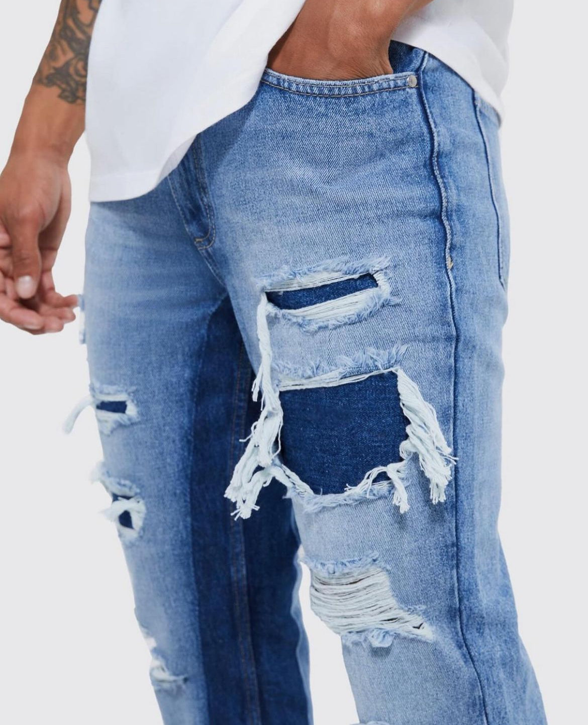 BoohooMan Slim Rigid Flare Panelled Ripped Jeans