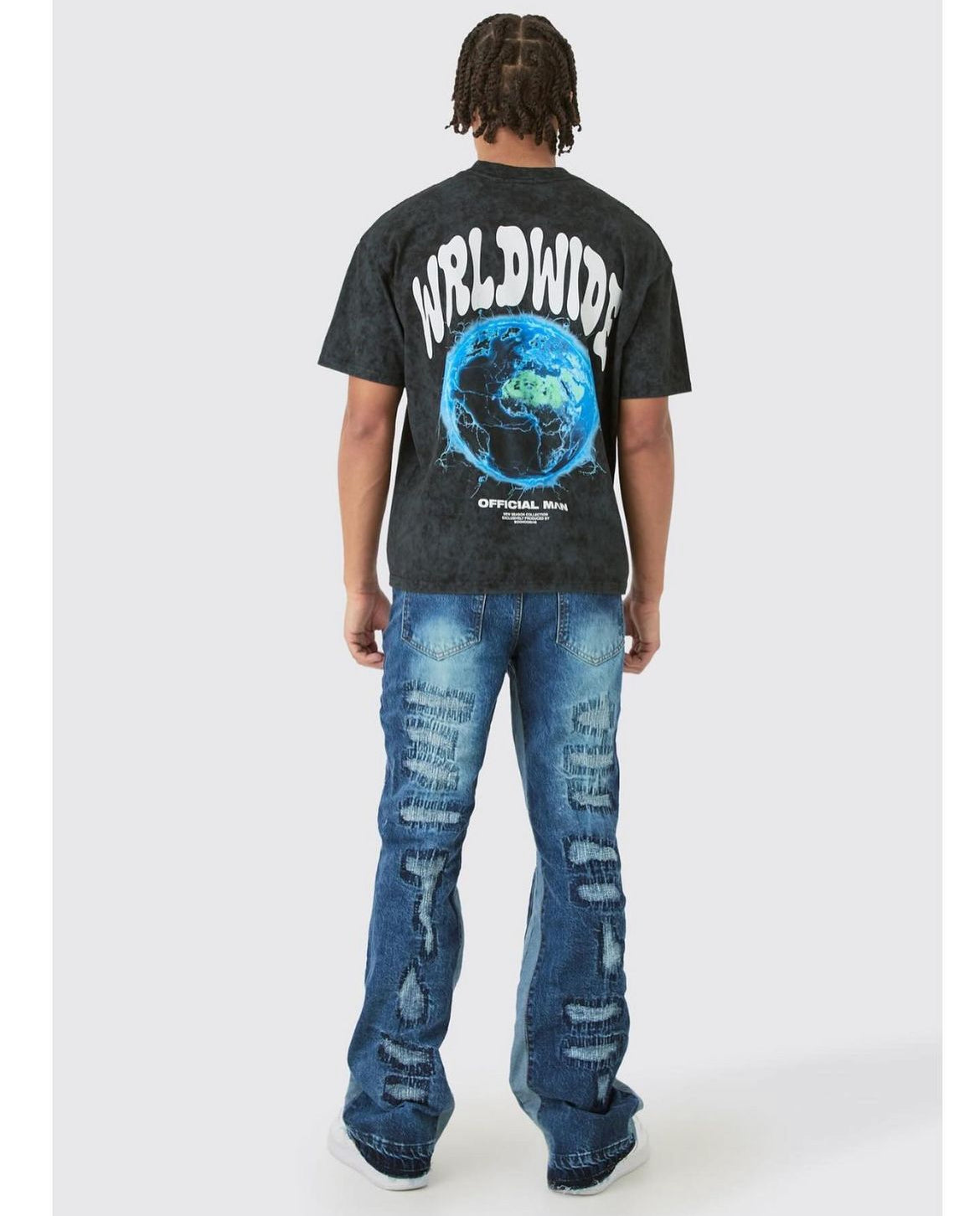 BoohooMan Slim Flare Rigid All Over Rip & Repaired Jeans In Indigo