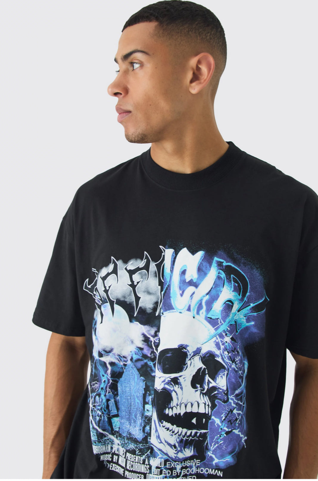 BoohooMan Oversized Extended Neck Gothic Print T-Shirt