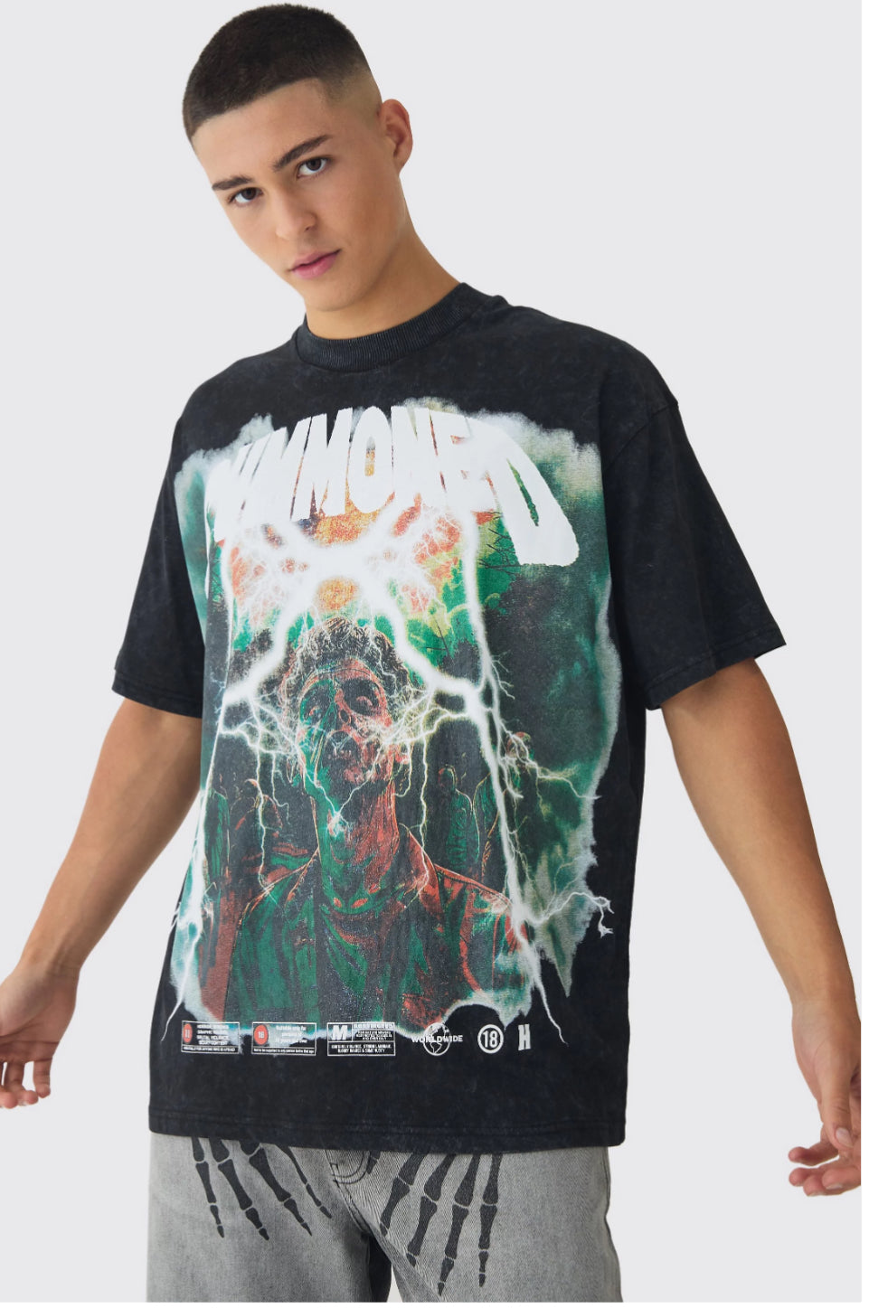 BoohooMan Halloween Oversized Extended Neck Large Scale Summoned Print Acid Wash T-Shirt