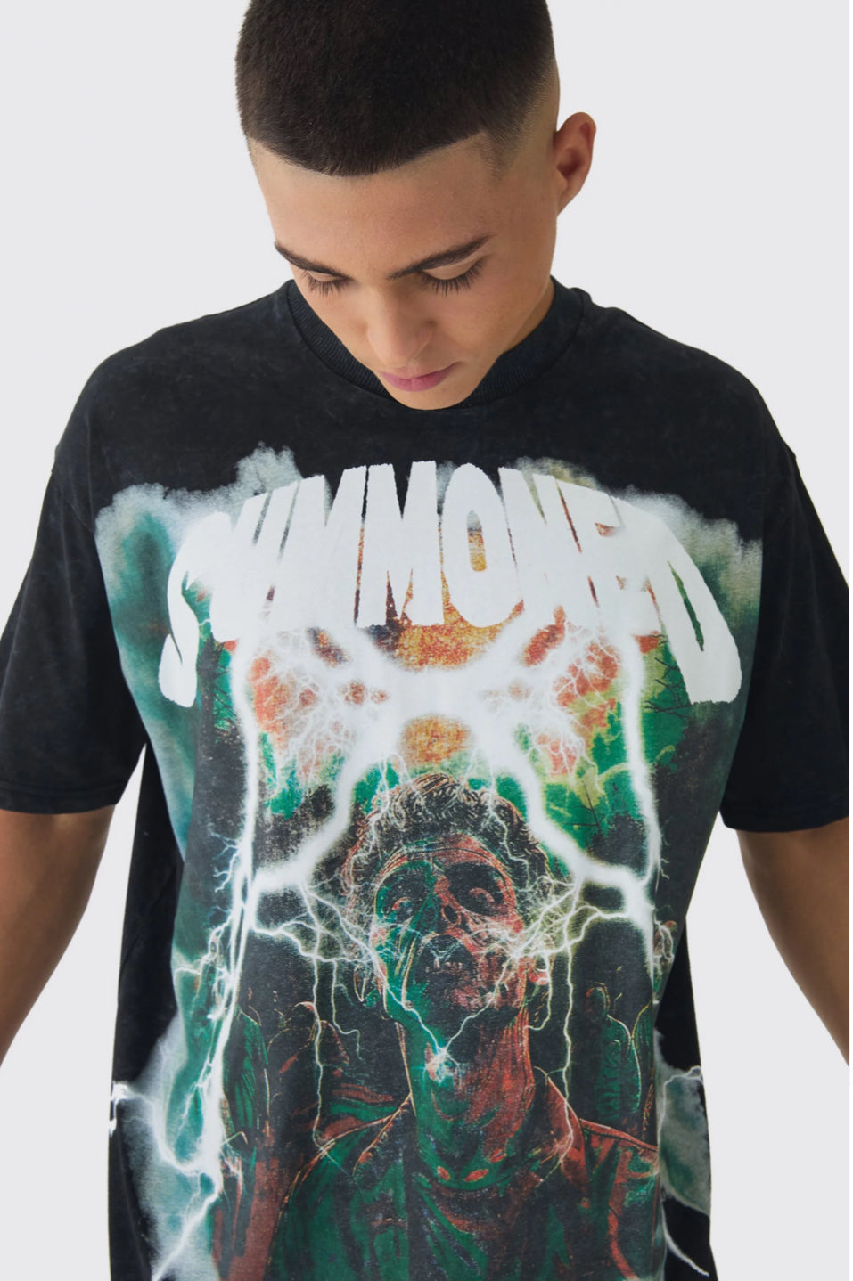 BoohooMan Halloween Oversized Extended Neck Large Scale Summoned Print Acid Wash T-Shirt