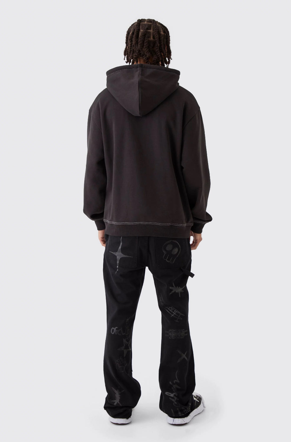 BoohooMan Fixed Waist Slim Flare Twill Laser Printed Carpenter Trousers