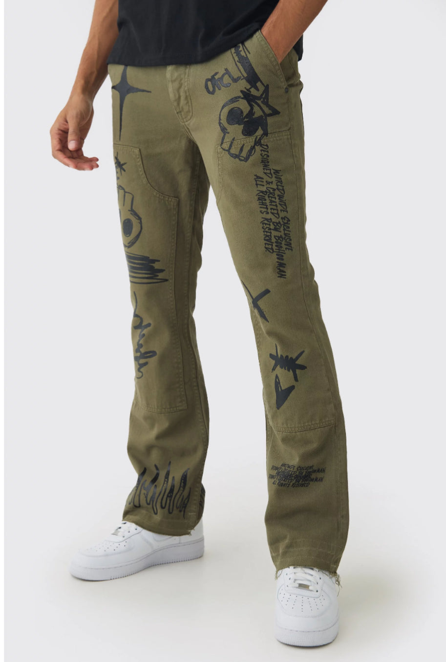 BoohooMan Fixed Waist Slim Flare Twill Laser Printed Carpenter Trousers