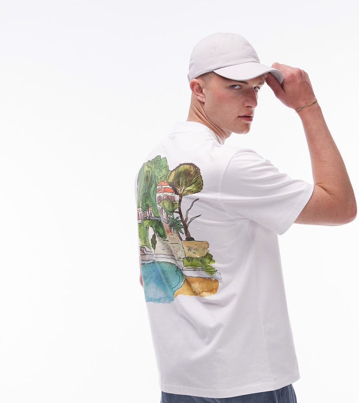 Topman oversized fit t-shirt with watercolour riviera front and back print in white