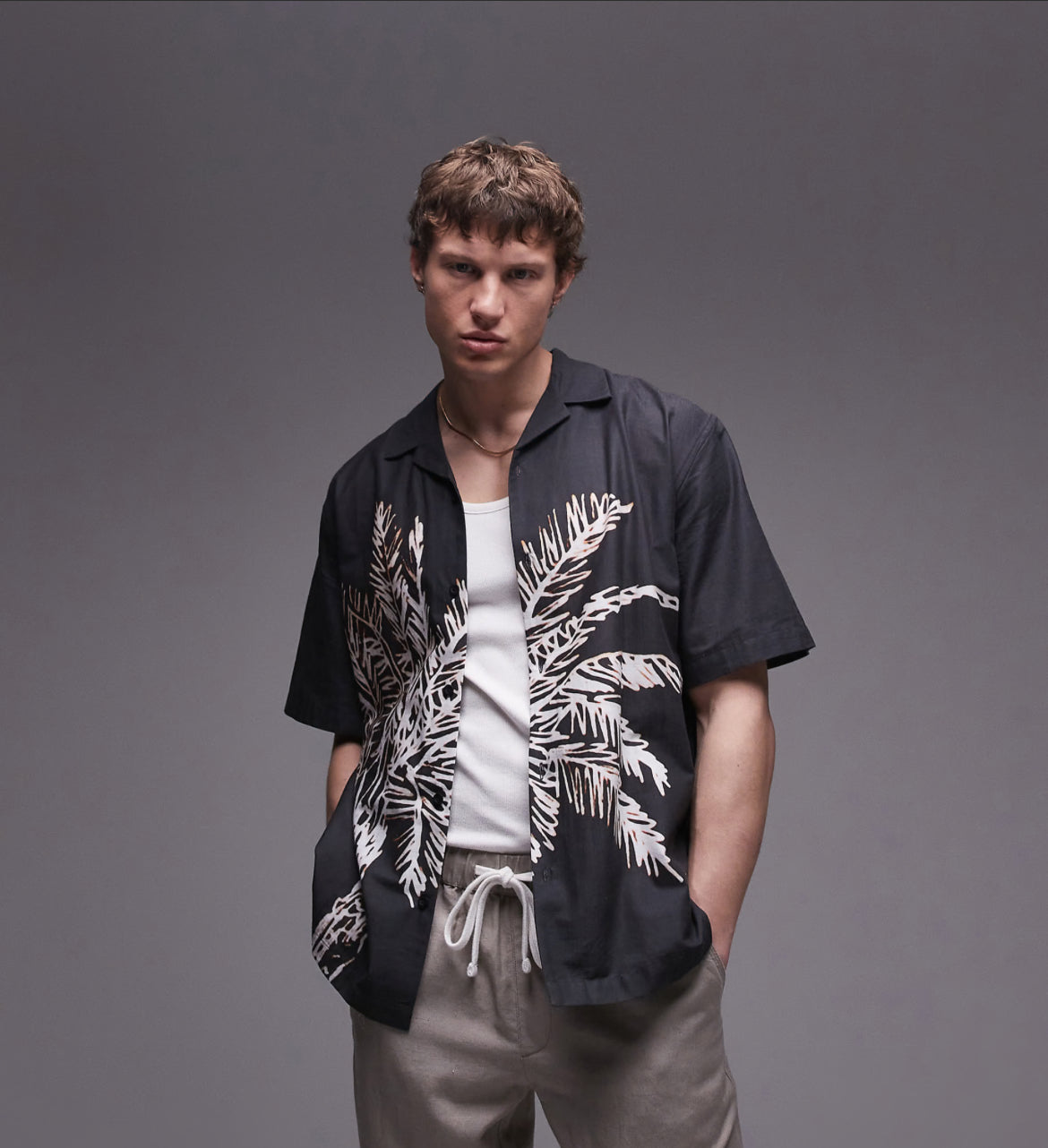 Topman short sleeve relaxed washed palm printed shirt in black