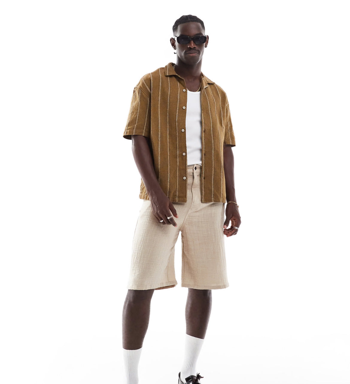 Pull&bear short sleeve striped shirt in khaki