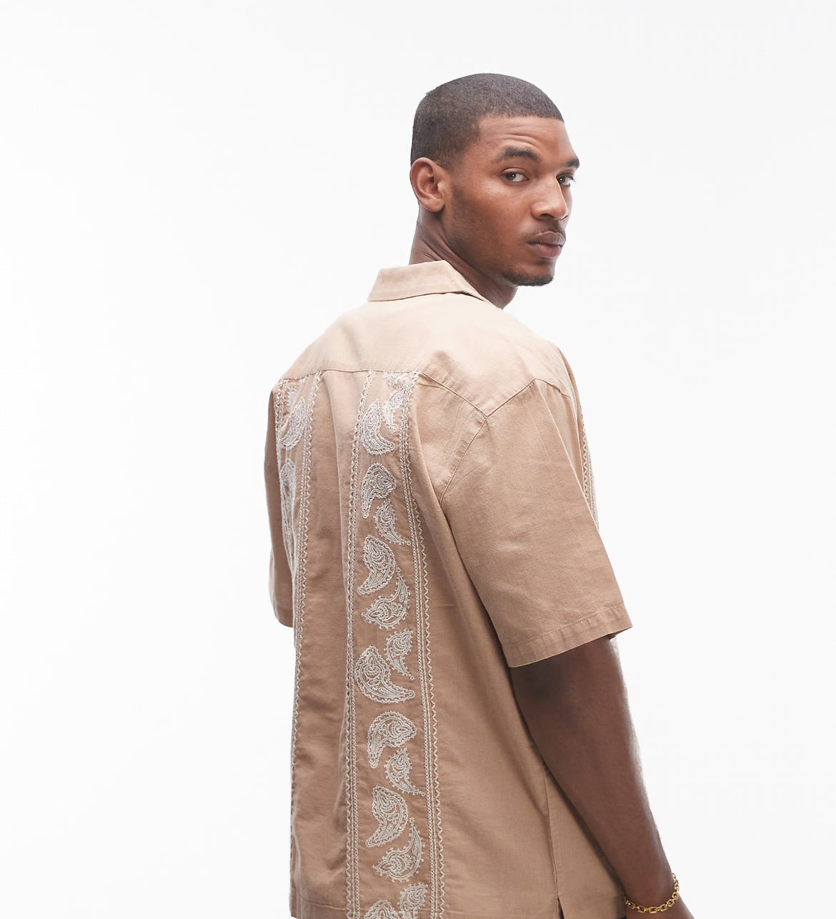 Topman short sleeve relaxed embroidered paisley shirt in stone