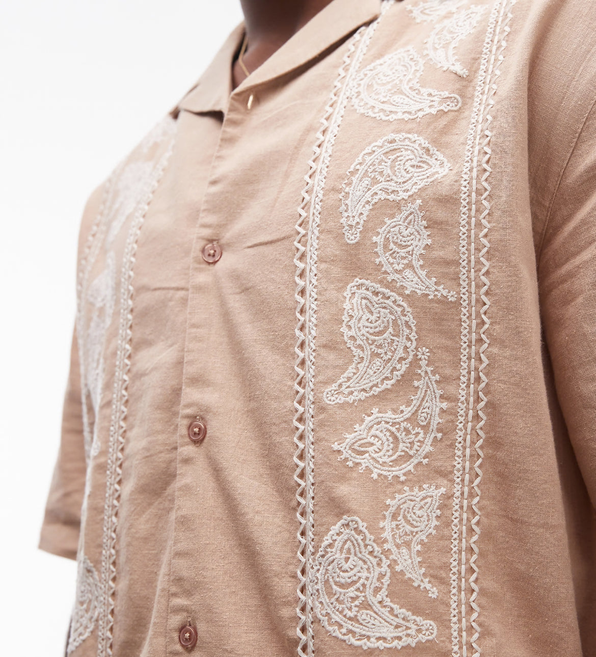 Topman short sleeve relaxed embroidered paisley shirt in stone
