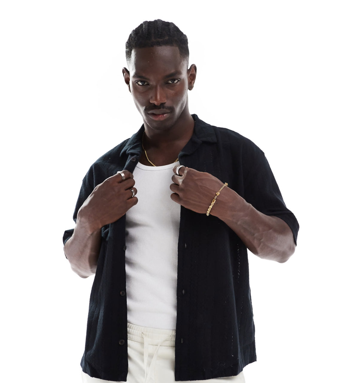 Pull&bear short sleeve textured shirt in black