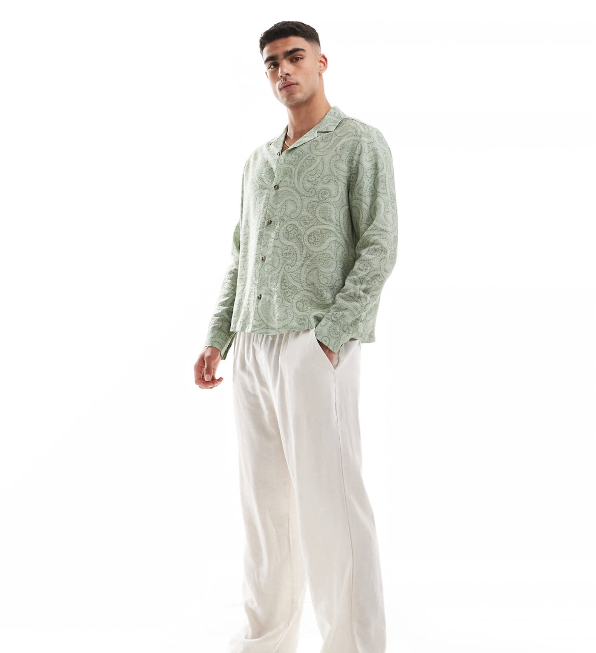 ASOS DESIGN boxy relaxed revere shirt with paisley print in sage