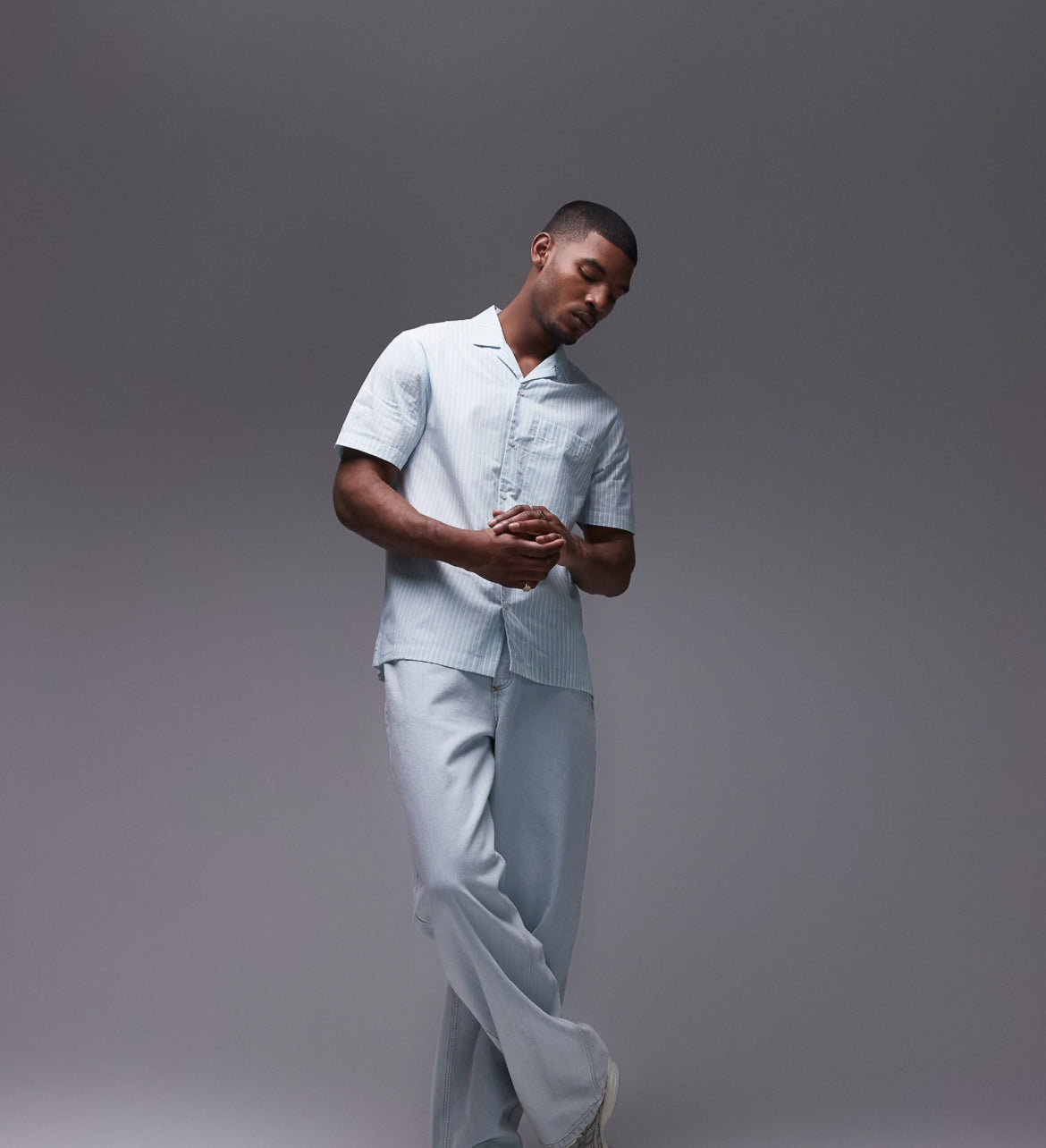 Topman short sleeve boxy striped shirt in light blue