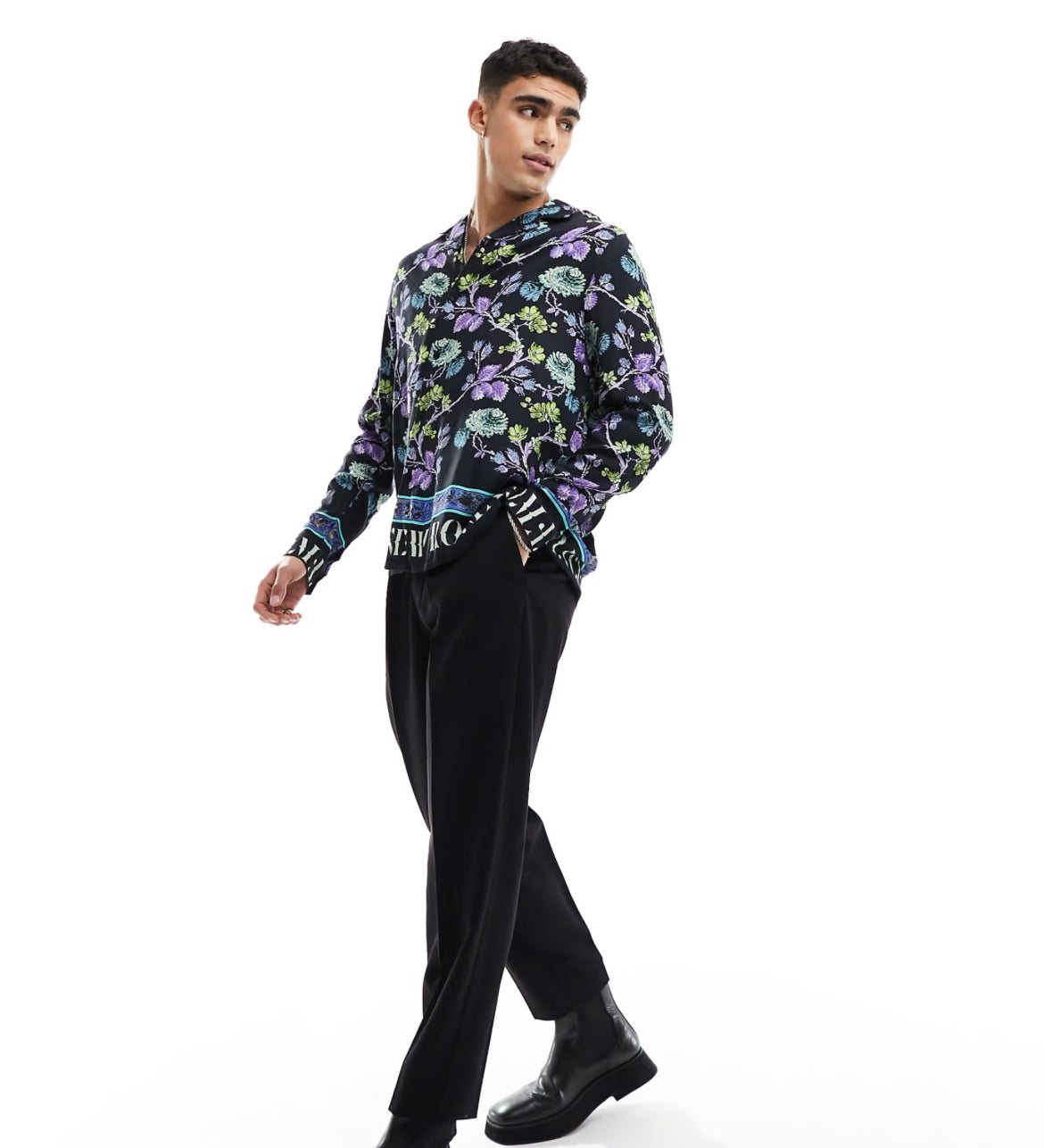 ASOS DESIGN relaxed revere shirt in black floral text print