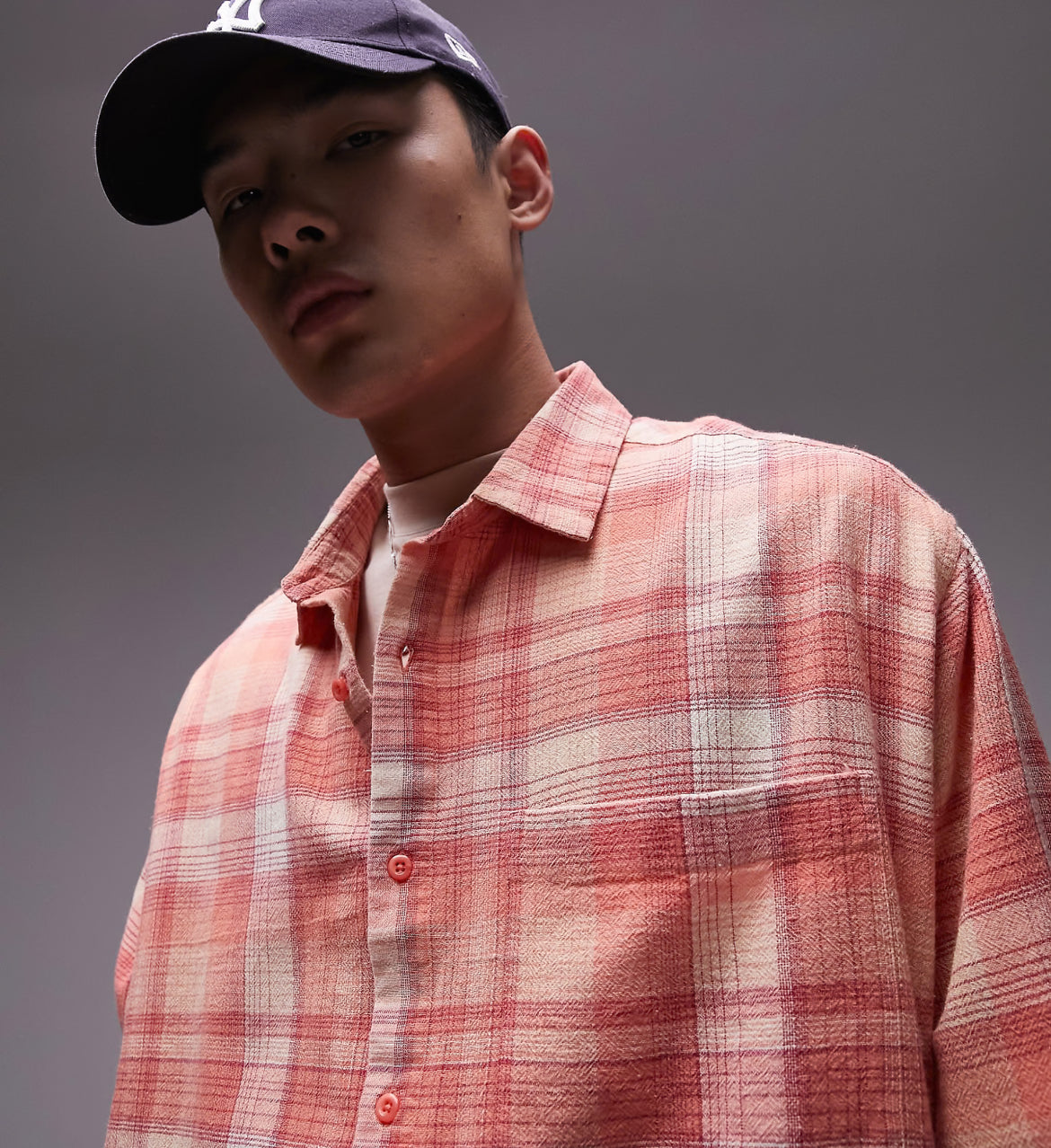 Topman long sleeve relaxed check shirt in pink