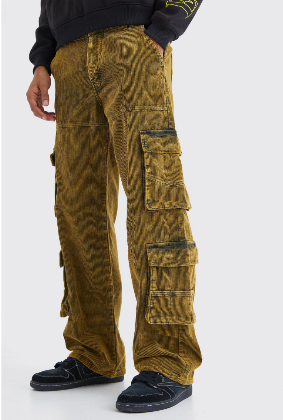 BoohooMan Baggy Multi Pocket Acid Wash Corduroy Cargo Trouser
