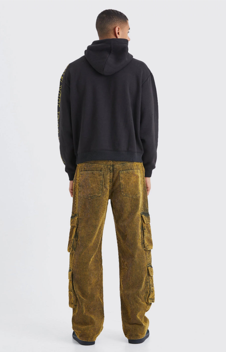 BoohooMan Baggy Multi Pocket Acid Wash Corduroy Cargo Trouser