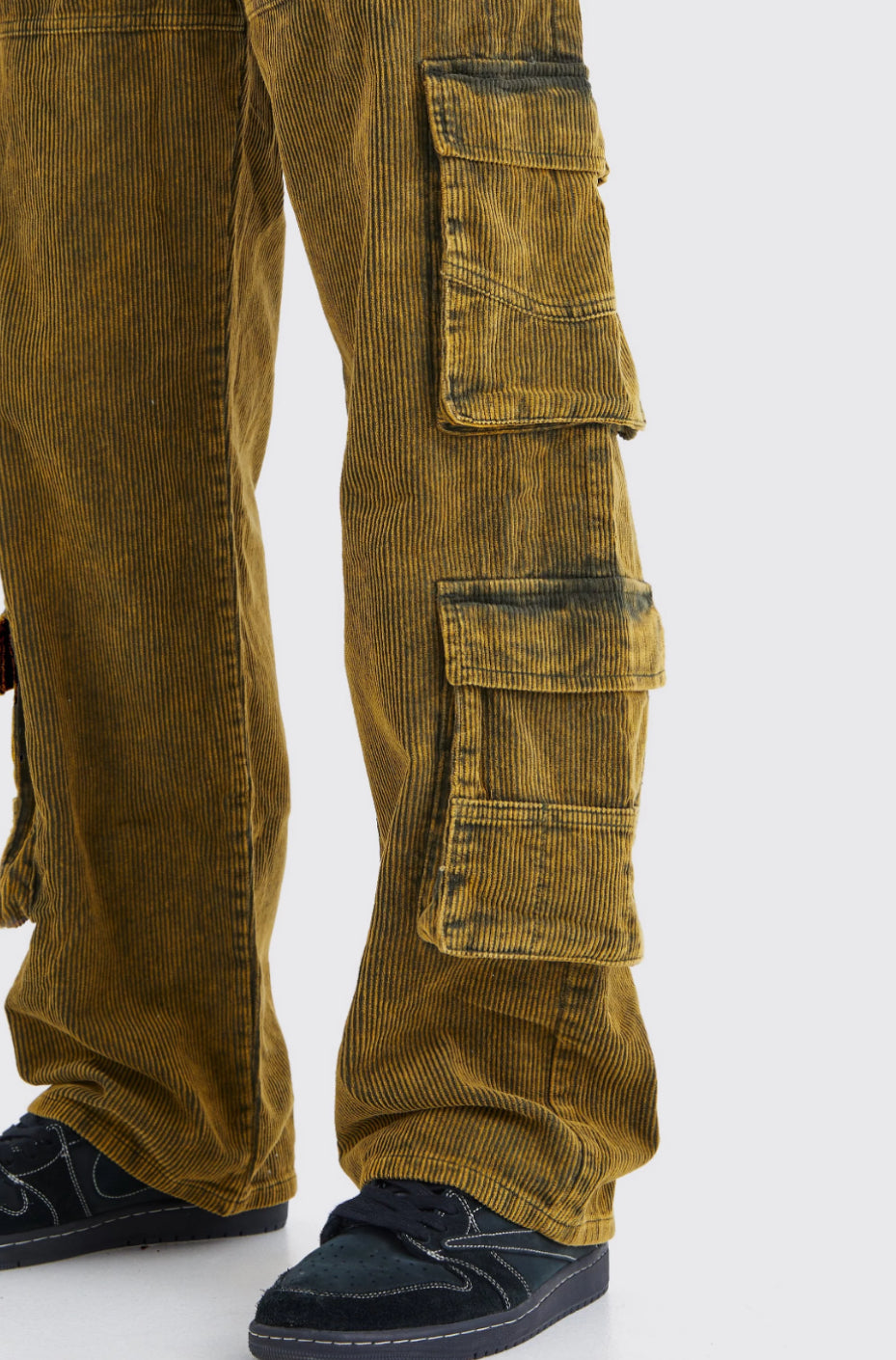 BoohooMan Baggy Multi Pocket Acid Wash Corduroy Cargo Trouser