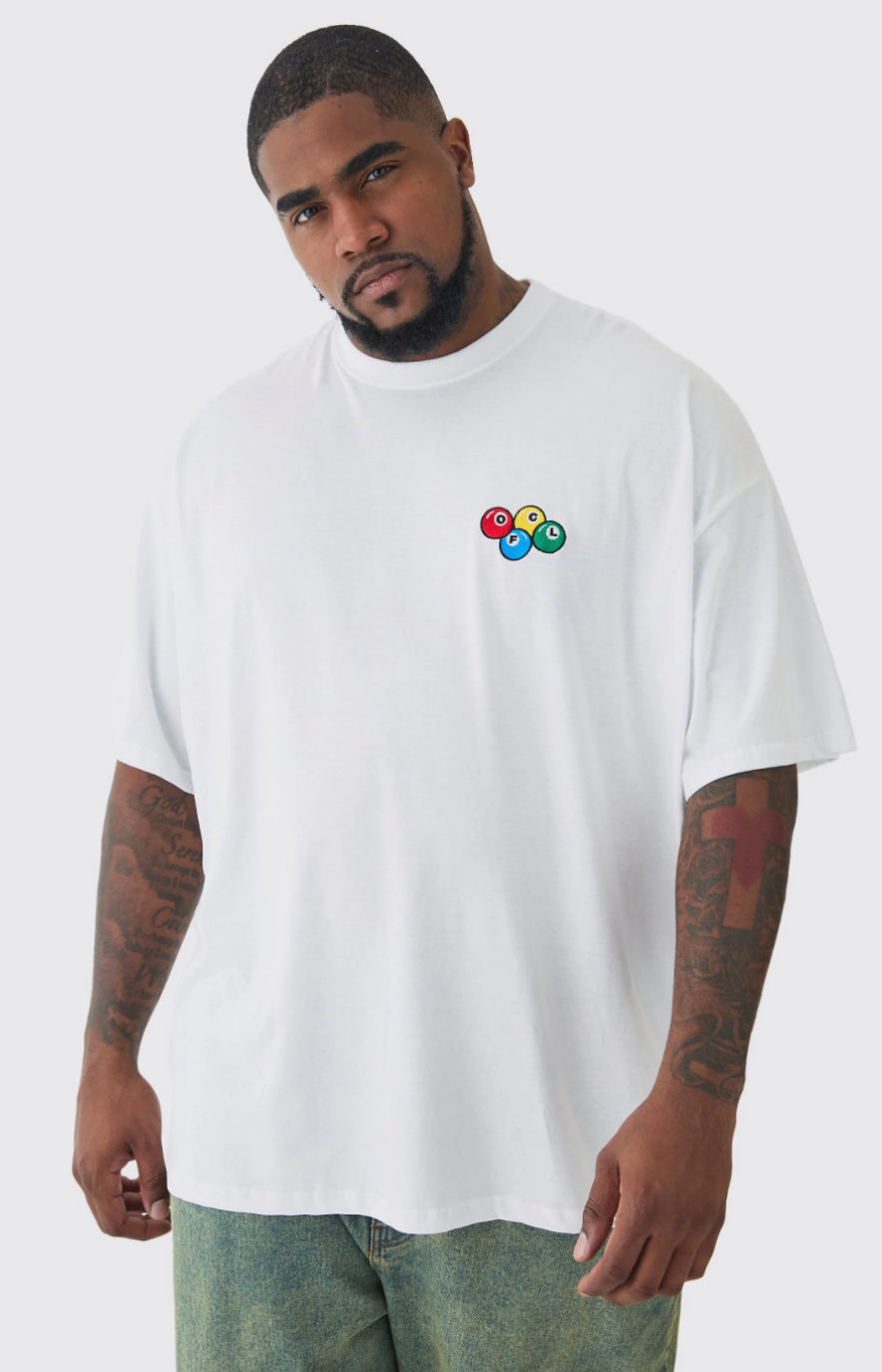 BoohooMan Plus Oversized Plus OFCL 8 Ball Embroidered T-shirt In White