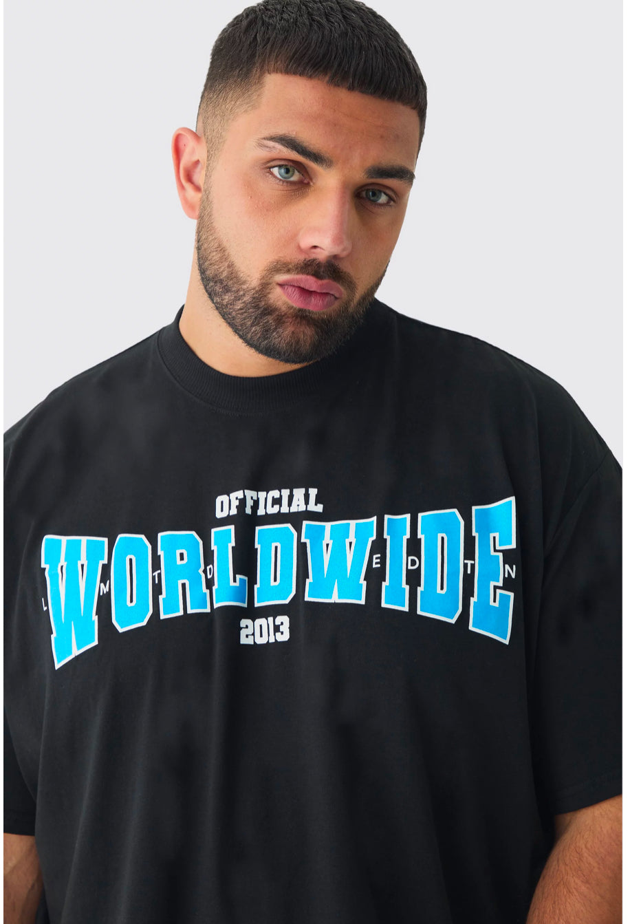 BoohooMan Plus Oversized Extended Neck Boxy Worldwide Print T-Shirt