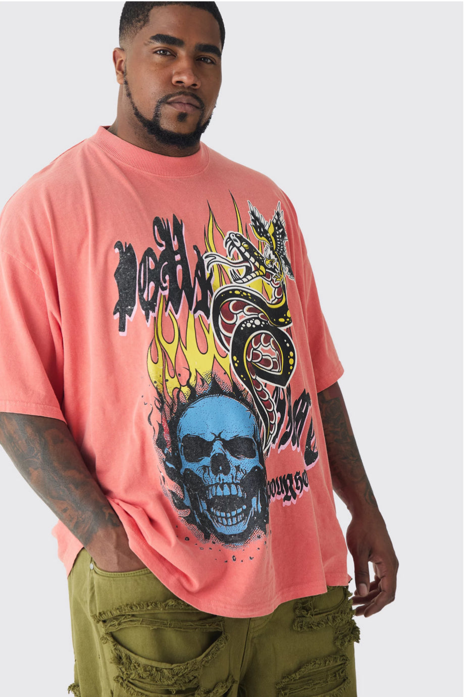 BoohooMan Plus Doodle Skull Homme Printed T-shirt In Coral