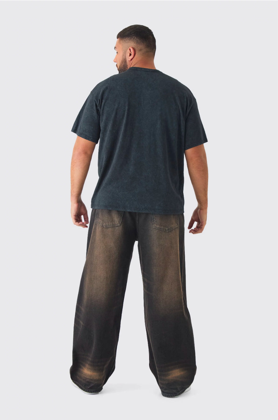 BoohooMan Plus Oversized Acid Washed Moto Print T-Shirt